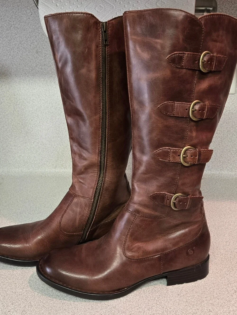 Women's Born Brown Tall Leather Buckle Riding Boots D76016, Size 8.5M